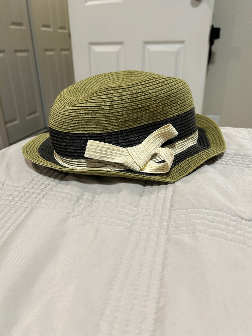 BCBGMaxAzria Olive Straw Kids Hat with Black Band and Cream Bow